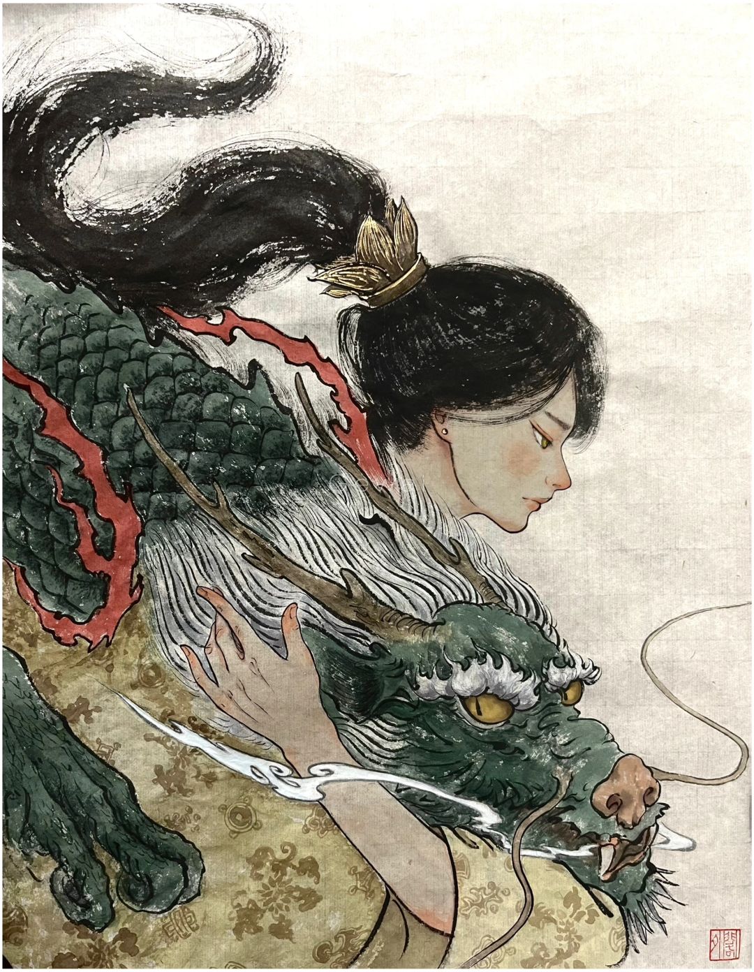 An ink painting showing a long-haired man in yellow clothes holding a Chinese-style dragon head