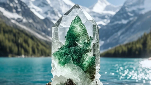 A green crystal is placed on the edge of a holy lake with the towering Himalayas in the background